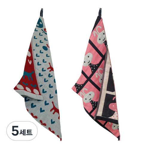 북유럽풍 순면 일러스트 면행주 2종 세트, 5세트, 005 산책레드, 랜덤발송