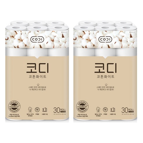 코디 코튼화이트 3겹 롤화장지 30m, 30롤, 2개