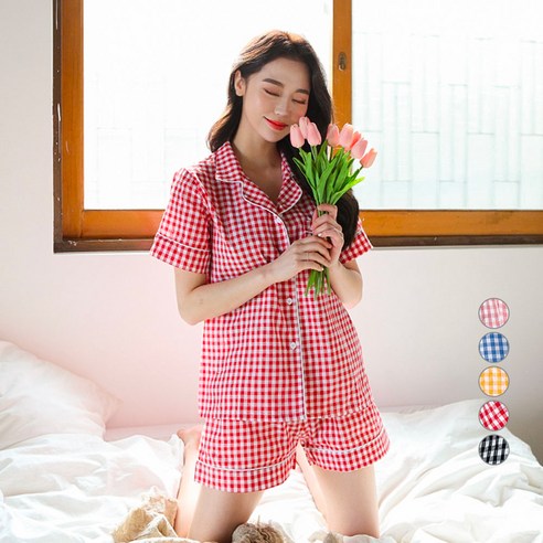 어나더디 여성용 잔체크 반팔 파자마 세트