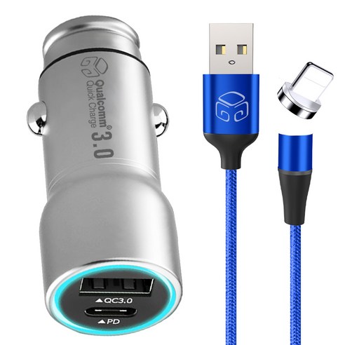 디지지 차량용 퀄컴 듀얼고속충전기 + 자석고속충전 케이블 8핀 100cm, 시거잭(YC-2PCU700), 케이블(DGG-592), 블루