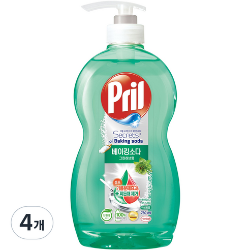 프릴 시크릿 오브 베이킹소다 주방세제 그린허브 향, 750ml, 4개