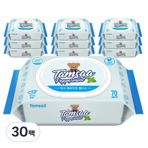탐사 페퍼민트 물티슈 캡형, 70매, 30팩