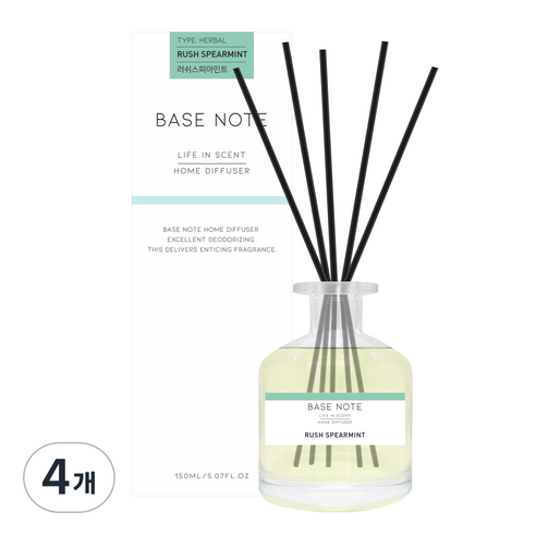베이스노트 홈 디퓨져 150ml, 러쉬 스피아민트, 4개