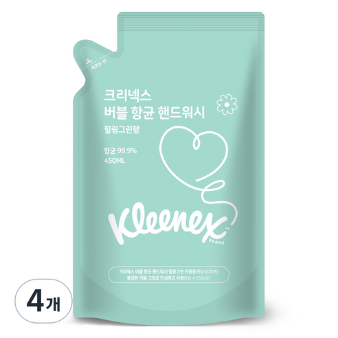 크리넥스 버블 항균 핸드워시 힐링그린향 리필, 450ml, 4개