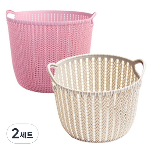 리버그린 짜임 다용도 원형바구니 소 2p 세트, 화이트, 핑크, 2세트