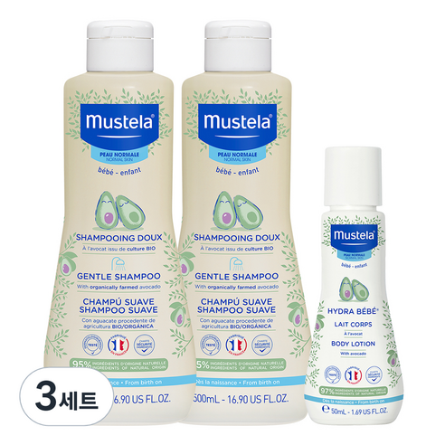 무스텔라 젠틀샴푸 500ml x 2p + 여행용 이드라 베베 바디로션 50ml, 3세트