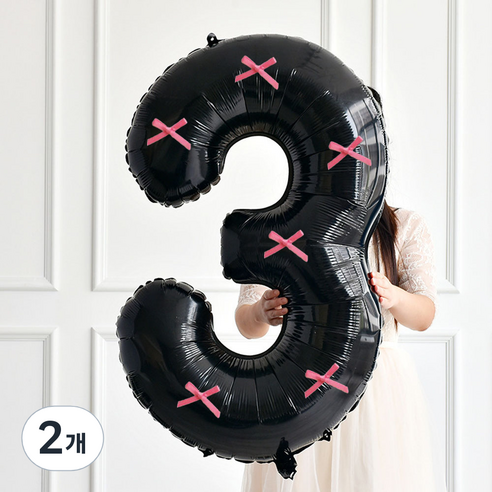미미파티 리본 대형 숫자 풍선 100cm 3, 블랙 핑크, 2개