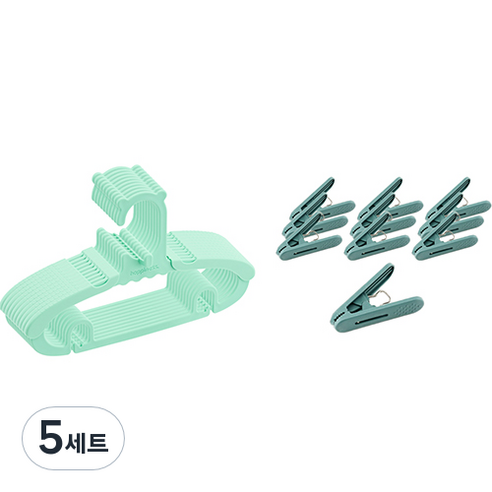 아가짱 길이조절 아기옷걸이 10개 + 집게 10개 세트, 민트, 5세트