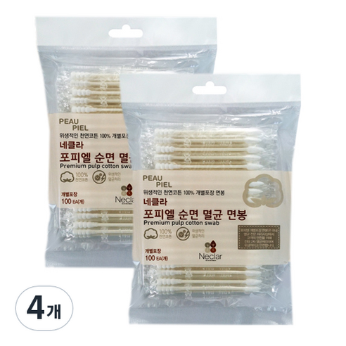 네클라 포피엘 순면 멸균 면봉, 100개입, 4개
