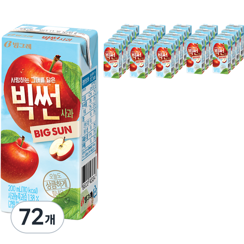 빙그레 빅썬 사과 주스, 200ml, 72개