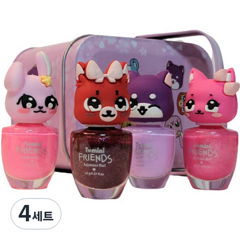 투미니 프렌즈 수성 매니큐어 고양이 + 토끼 + 강아지 + 여우 + 틴케이스 세트, 4세트, 트윙클핑크(고양이), 피치핑크(토끼), 라벤더(강아지), 트윙클레드(여우)