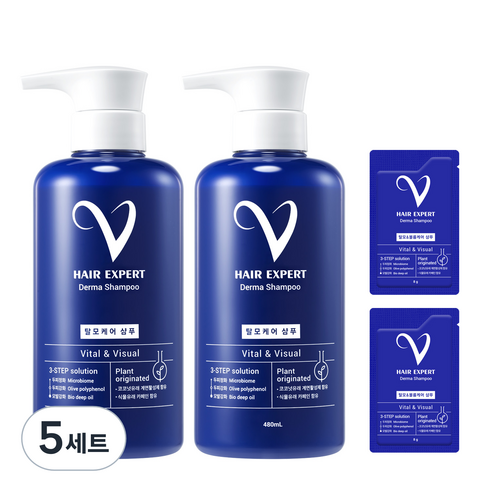 유한양행 브이헤어엑스퍼트 더마 탈모완화 샴푸 480ml x 2p + 볼륨플러스 8g x 2p 세트, 480g, 5세트