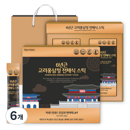 개성고려삼인 6년근 고려홍삼정 전체식 스틱 + 쇼핑백, 360g, 6개