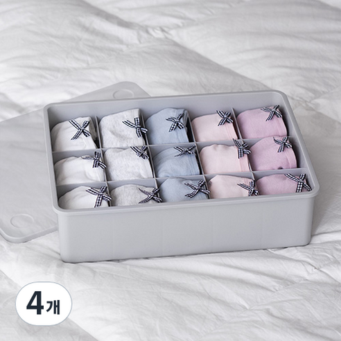 이즈리빙 뚜껑있는 플라스틱 속옷정리함 15칸, 그레이 + 반투명, 4개