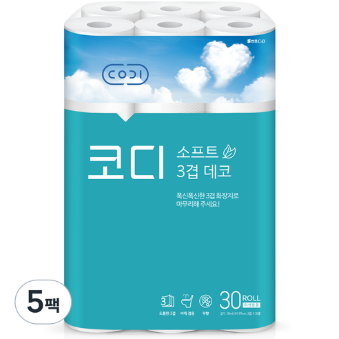 코디 3겹 소프트 데코 화장지 30m, 30롤, 5팩