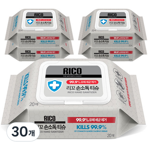 리꼬 손소독 물티슈 캡형, 20매입, 30개