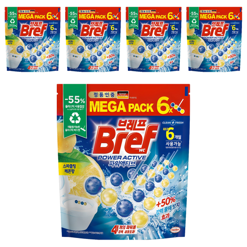 브레프 파워액티브 메가팩 변기세정제 스파클링 레몬향 6p, 300g, 5개
