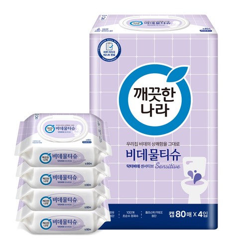 깨끗한나라 비데물티슈 닥터비데 센서티브 캡형, 55g, 80매, 4개