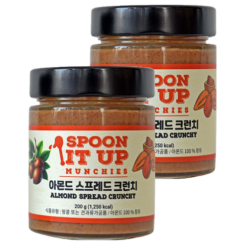 스푼잇업 무가당 아몬드 스프레드 버터 크런치, 2개, 200g