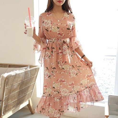 빼빼 프릴 플라워 반팔 롱원피스