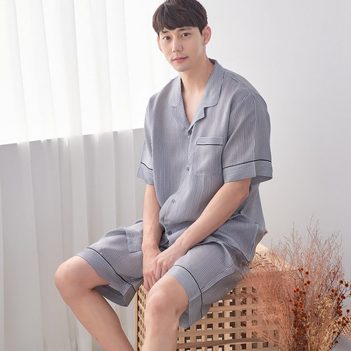 디노바시 남성용 풍기인견 스트라이프 5부 주머니 파자마 상하의 세트