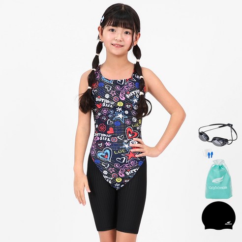 아쿠아티카 여아용 실내수영복 5부수영복 선수용수경세트 AQAJN102