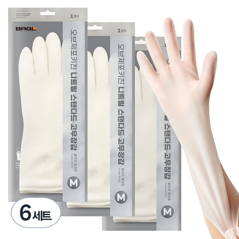 브릭글로 오브제 포 키친 질긴 니트릴 고무장갑 양손 세트, 클리어화이트, 중(M), 6세트