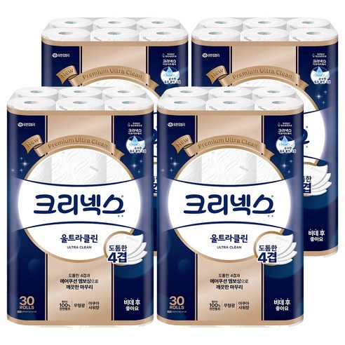 크리넥스 울트라클린 천연펄프 4겹 고급롤화장지, 25m, 30개입, 4개
