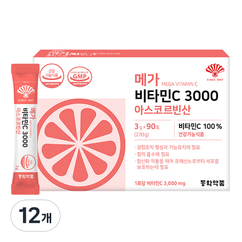 동화약품 메가 비타민C 3000 아스코르빈산 90p, 12개, 270g