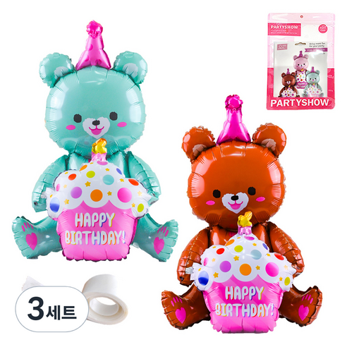 파티쇼 생일파티 곰돌이 은박 풍선 컵케익 2p + 글루닷 접착 스티커 세트, 민트(곰돌이 은박 풍선), 브라운(곰돌이 은박 풍선), 3세트
