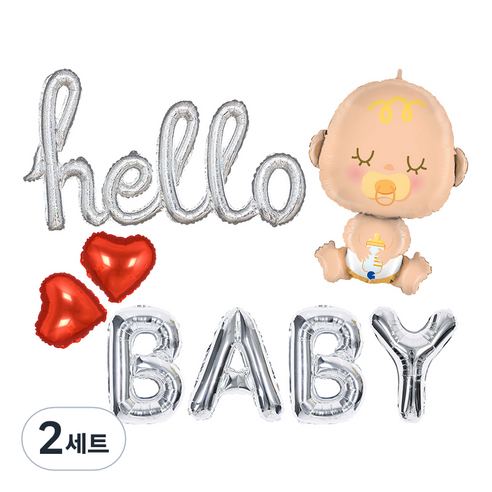 조이파티 베이비샤워 이니셜은박 hello + 알파벳은박 BABY 소 + 그라보 은박 베이비 + 은박 하트 미니 2p 풍선 세트, 홀로그램실버(hello), 실버(BABY), 레드(하트), 2세트