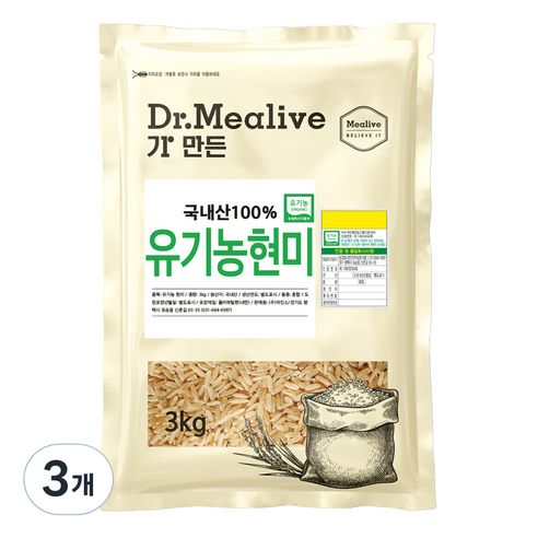 밀리브 유기농 현미, 3kg, 3개