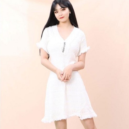 페이퍼먼츠 여성 브이넥 펀칭 니트 수술 미니 원피스 5607