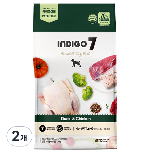인디고포 3개월이상 인디고 세븐 디 포 독 저알러지 건식사료, 닭고기+오리, 1.6kg, 2개
