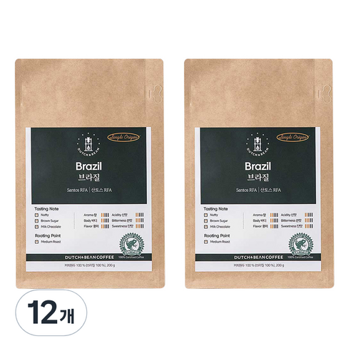 더치앤빈 싱글 오리진 브라질 산토스 RFA 로스팅원두 2p, 200g, 12개, 모카포트