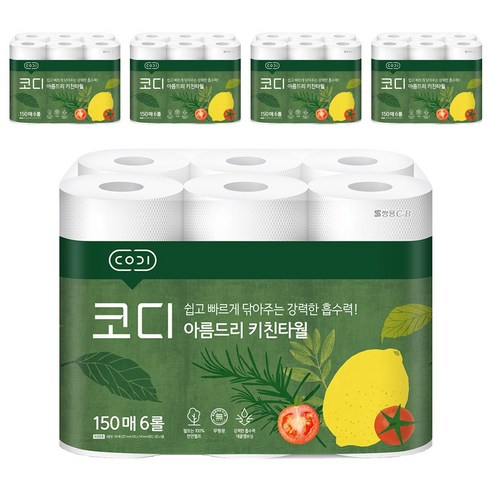 코디 아름드리 천연펄프 키친타올 150매, 6개입, 5개