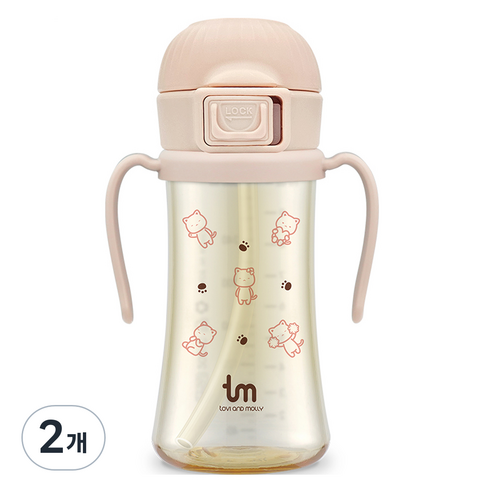 토비앤몰리 유아용 PPSU 돗람이 원터치락 빨대컵 280ml, 2개, 핑크