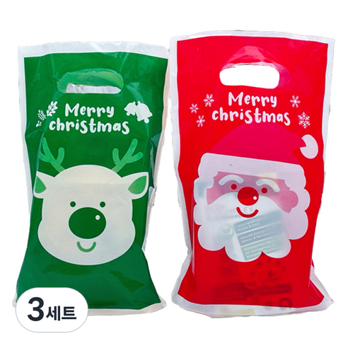더팩컴퍼니 크리스마스 메리루돌프 손잡이 비닐백 50p + 레드산타 손잡이 비닐백 50p 세트, 혼합색상, 3세트