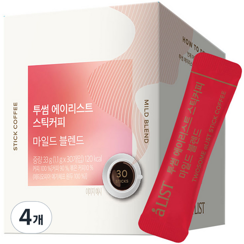 aLIST 투썸 에이리스트 마일드 블렌드 스틱 원두커피믹스, 1.1g, 30개입, 4개