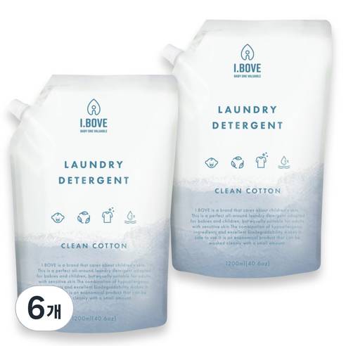 아이보브 고농축 세탁 유아 세제 클린코튼 리필 1200ml, 6개, 1.2L