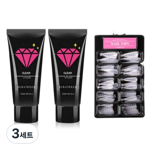 고고블랑 네일연장 폴리젤 30ml 세트, 폴리젤 클리어 + 클리어핑크 + 연장팁 스틸레토 100p + 구성품 3종, 3세트