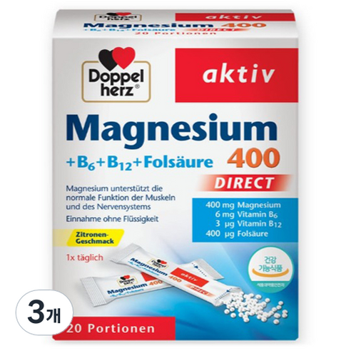 도펠헤르츠 마그네슘 400 + B6 + B12 + 엽산 다이렉트 20p, 24g, 3개