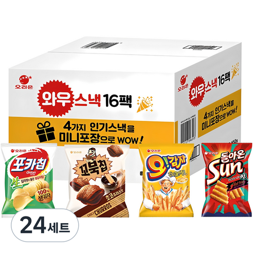 오리온 와우스낵 선물세트 16팩, 포카칩 + 꼬북칩 + 오감자 + 돌아온썬칩, 6세트