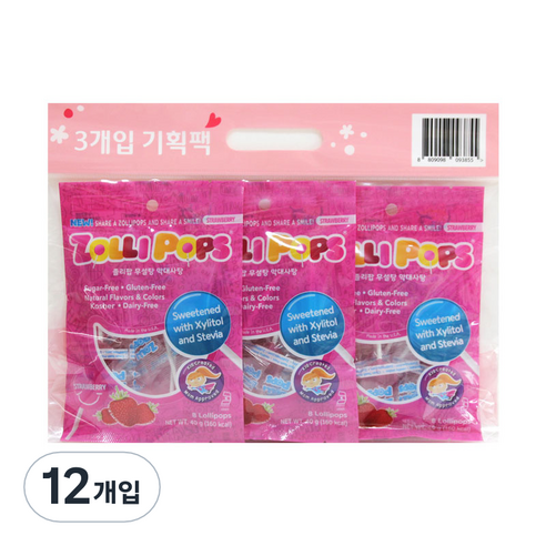 졸리팝 무설탕 막대사탕 딸기맛, 40g, 12개