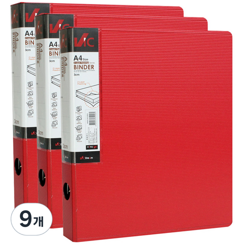 VIC 신소재 D링 바인더 3cm 3공, 적색, 9개