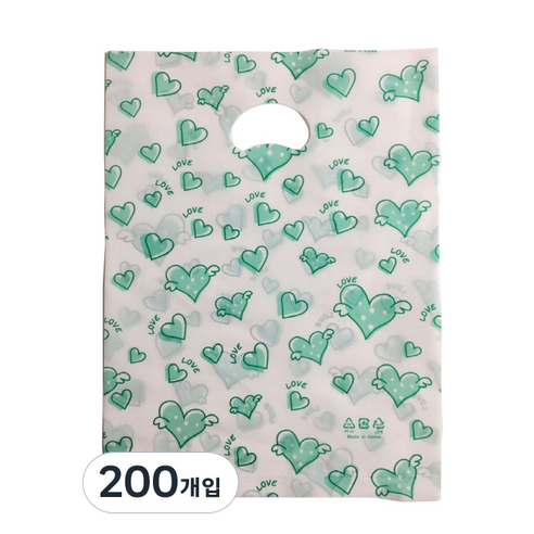 팩스타 펀칭 비닐 포장봉투 가로 25cm x 세로 35cm PE25, 연두하트, 200개입