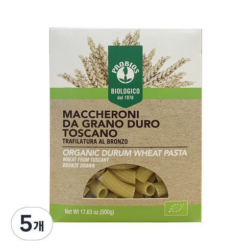유기농 듀럼 밀 세몰리나 마카로니, 500g, 5개