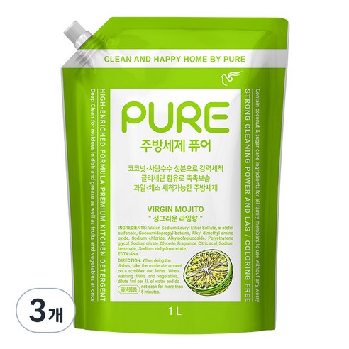 피죤퓨어 버진모히토 주방세제, 3개, 1L