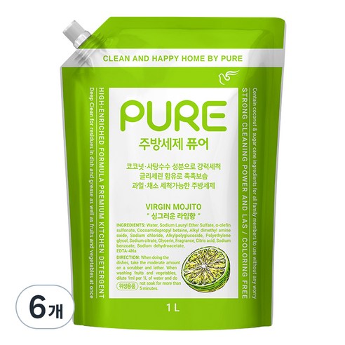 피죤퓨어 버진모히토 주방세제, 6개, 1L
