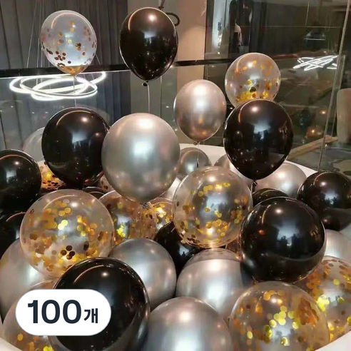 팡파티 파티풍선 + 공기주입기, 블랙 실버 투명, 100개